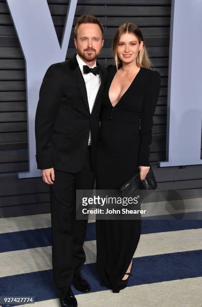 Actor Aaron Paul and Lauren Parsekian attend the 2018 Vanity Fair Oscar Party hosted by Radhika Jones at Wallis Annenberg Center for the Performing...