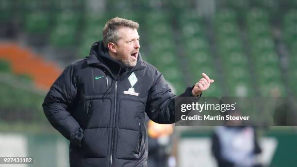 Headcoach Sven Huebscher of Bremen II during the 3. Liga match between SV Werder Bremen II and F.C. Hansa Rostock at Weserstadion on March 2, 2018 in...