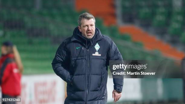 Headcoach Sven Huebscher of Bremen II during the 3. Liga match between SV Werder Bremen II and F.C. Hansa Rostock at Weserstadion on March 2, 2018 in...