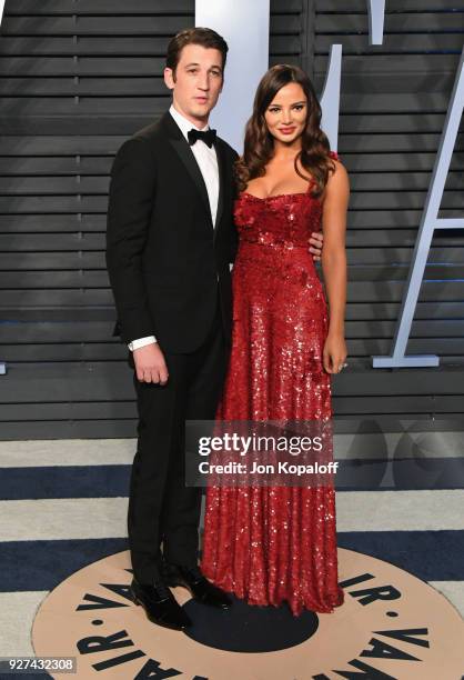 Miles Teller and Keleigh Sperry attends the 2018 Vanity Fair Oscar Party hosted by Radhika Jones at Wallis Annenberg Center for the Performing Arts...