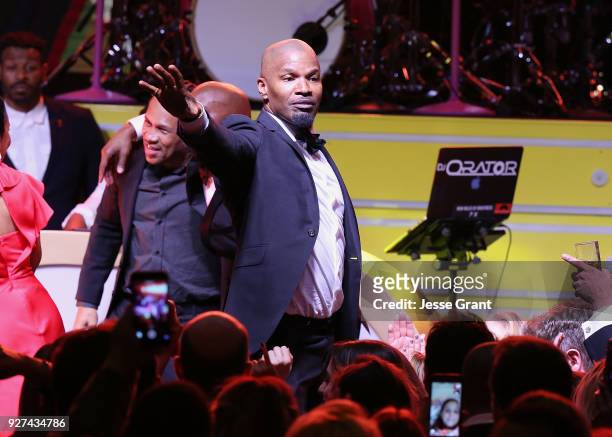 Jamie Foxx performs during Byron Allen's Oscar Gala Viewing Party to Support The Children's Hospital Los Angeles at the Beverly Wilshire Four Seasons...