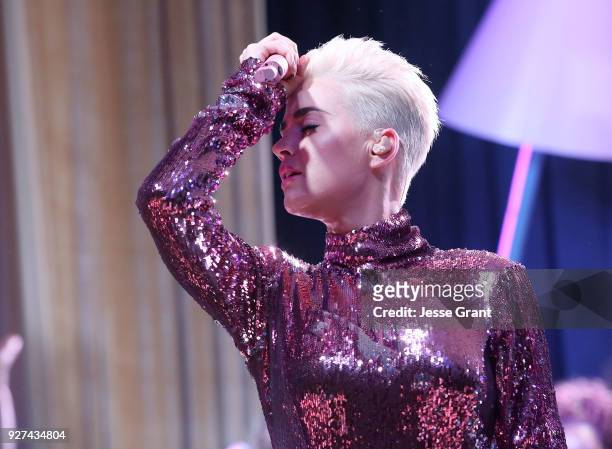 Katy Perry performs during Byron Allen's Oscar Gala Viewing Party to Support The Children's Hospital Los Angeles at the Beverly Wilshire Four Seasons...