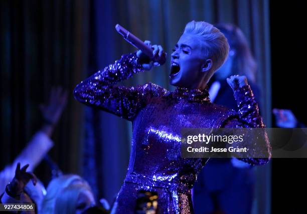 Katy Perry performs during Byron Allen's Oscar Gala Viewing Party to Support The Children's Hospital Los Angeles at the Beverly Wilshire Four Seasons...