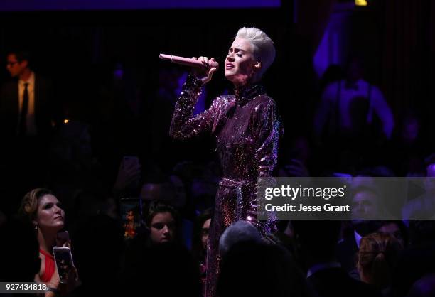 Katy Perry performs during Byron Allen's Oscar Gala Viewing Party to Support The Children's Hospital Los Angeles at the Beverly Wilshire Four Seasons...