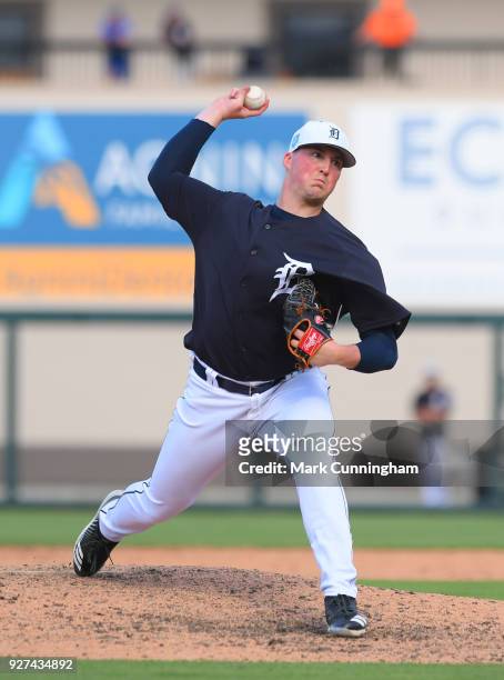 Kyle Funkhouser of the Detroit Tigers pitches during the Spring Training game against the Pittsburgh Pirates at Publix Field at Joker Marchant...