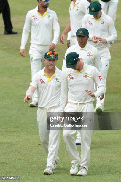 David Warner and Steven Smith of Australia during day 5 of the 1st Sunfoil Test match between South Africa and Australia at Sahara Stadium Kingsmead...