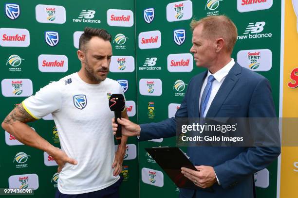 Faf du Plessis of the Proteas and Shaun Pollock during day 5 of the 1st Sunfoil Test match between South Africa and Australia at Sahara Stadium...