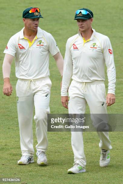 David Warner and Steven Smith of Australia during day 5 of the 1st Sunfoil Test match between South Africa and Australia at Sahara Stadium Kingsmead...