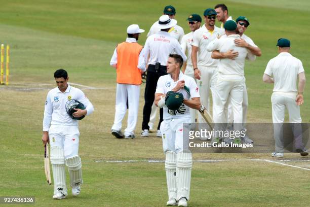 Quinton de Kock and Morne Morkel of the Proteas during day 5 of the 1st Sunfoil Test match between South Africa and Australia at Sahara Stadium...
