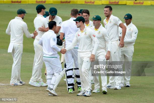 Quinton de Kock of the Proteas and Cameron Bancroft of Australia during day 5 of the 1st Sunfoil Test match between South Africa and Australia at...