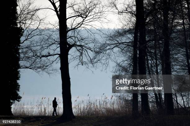 The silhouette of a walking man is pictured near the lake Schwielowsee on March 03, 2018 in Petzow, Germany.