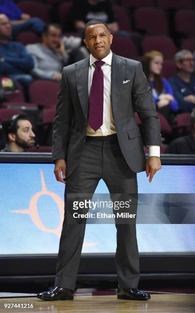 Head coach Damon Stoudamire of the Pacific Tigers looks on during a quarterfinal game of the West Coast Conference basketball tournament against the...