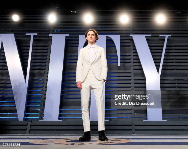 Timothée Chalamet attends the 2018 Vanity Fair Oscar Party hosted by Radhika Jones at Wallis Annenberg Center for the Performing Arts on March 4,...