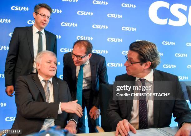 The CSU's deputy secretary Markus Blume, the leader of the Christian Social Union Horst Seehofer, CSU politician Alexander Dobrindt and the CSU's...
