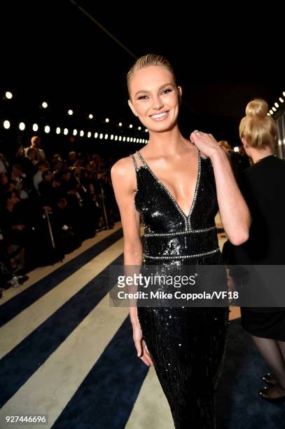 Romee Strijd attends the 2018 Vanity Fair Oscar Party hosted by Radhika Jones at Wallis Annenberg Center for the Performing Arts on March 4, 2018 in...