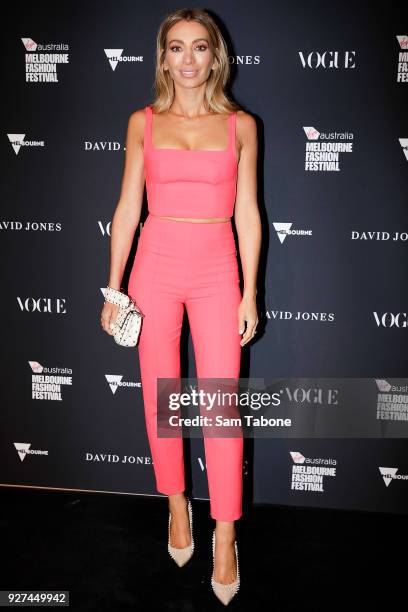 Nadia Bartel arrives ahead of the VAMFF 2018 Gala Runway presented by David Jones on March 5, 2018 in Melbourne, Australia.