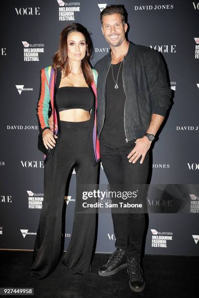 Snezana Markoski and Sam Wood arrives ahead of the VAMFF 2018 Gala Runway presented by David Jones on March 5, 2018 in Melbourne, Australia.