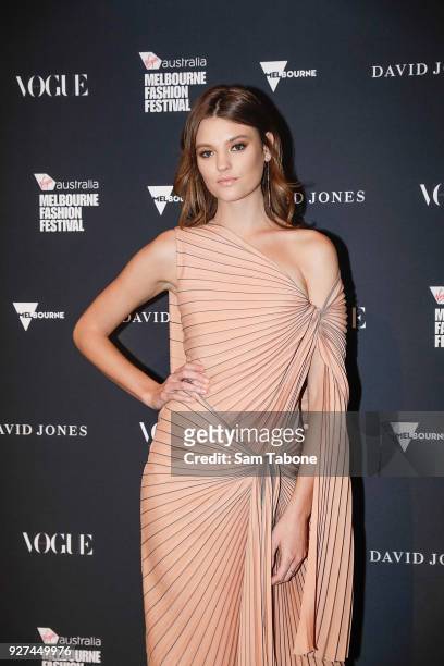 Montana Cox arrives ahead of the VAMFF 2018 Gala Runway presented by David Jones on March 5, 2018 in Melbourne, Australia.