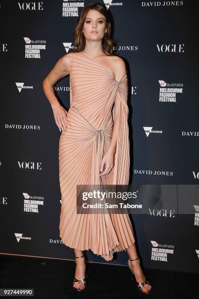 Montana Cox arrives ahead of the VAMFF 2018 Gala Runway presented by David Jones on March 5, 2018 in Melbourne, Australia.