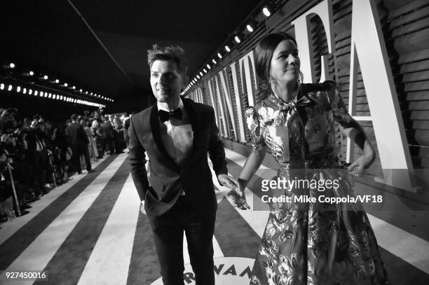 Adam Scott and Naomi Scott attends the 2018 Vanity Fair Oscar Party hosted by Radhika Jones at Wallis Annenberg Center for the Performing Arts on...