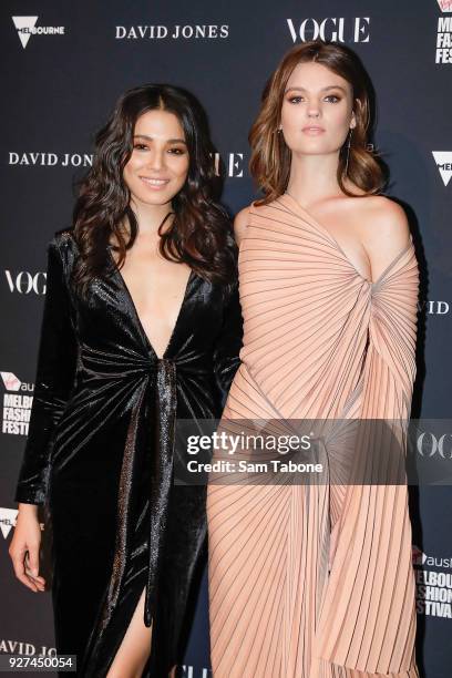 Jessica Gomes and Montana Cox arrives ahead of the VAMFF 2018 Gala Runway presented by David Jones on March 5, 2018 in Melbourne, Australia.