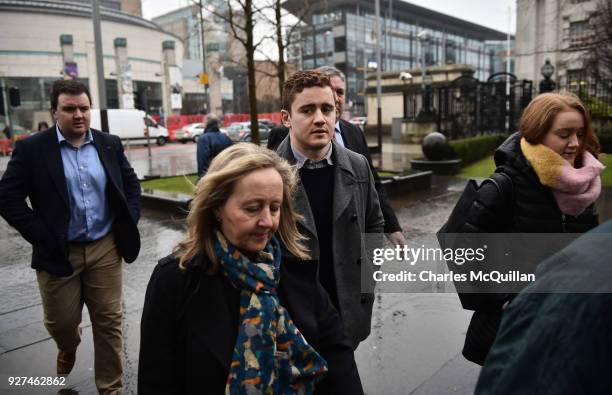Paddy Jackson arrives at Belfast Laganside courts along with family members on March 5, 2018 in Belfast, Northern Ireland. The Ireland and Ulster...