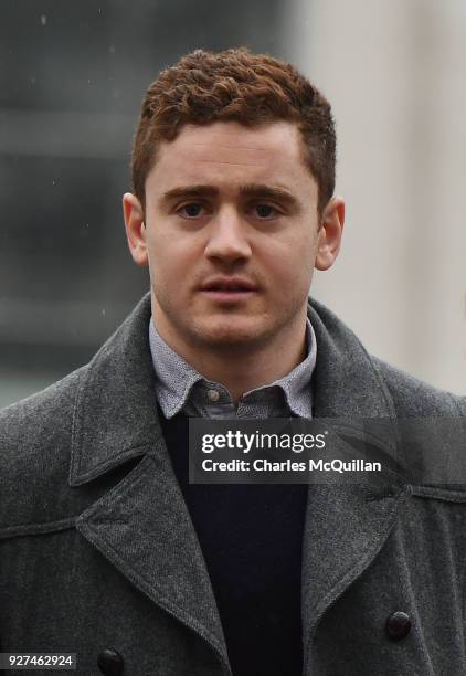 Paddy Jackson arrives at Belfast Laganside courts on March 5, 2018 in Belfast, Northern Ireland. The Ireland and Ulster rugby player is accused of...