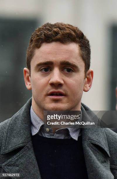 Paddy Jackson arrives at Belfast Laganside courts on March 5, 2018 in Belfast, Northern Ireland. The Ireland and Ulster rugby player is accused of...