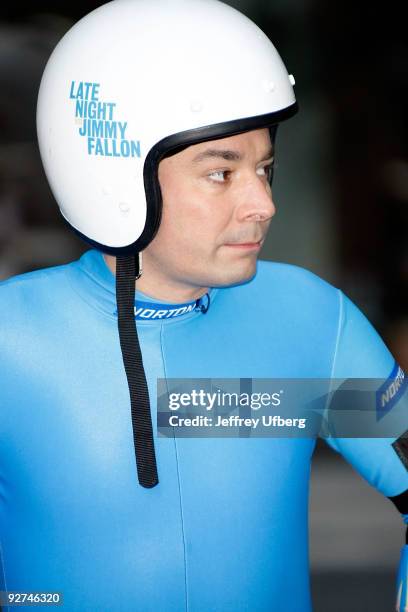 Television personality Jimmy Fallon attends the USOC Winter Sports Festival celebrating 100 days to the Vancouver Games in Rockefeller Center on...