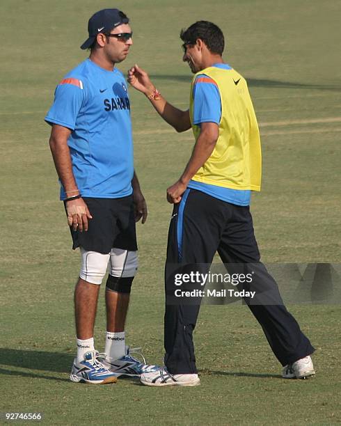 Indian cricketer Yuvraj Singh takes a break from practise in New Delhi on Friday, October 30, 2009.