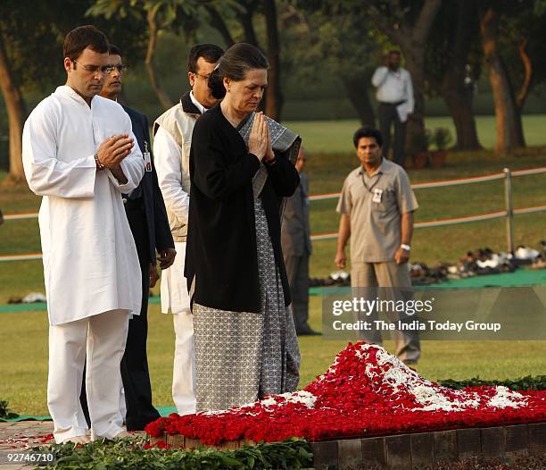 Congress president Sonia Gandhi and Rahul Gandhi pays homage to former Prime Minister Indira Gandhi on her 25th death anniversary at Shakti Sthal in...