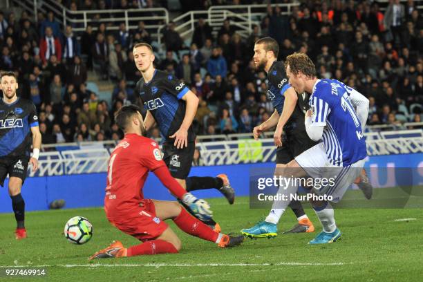 Zurutuza of Real Sociedad duels for the ball with Pacheco of Alaves during the Spanish league football match between Real Sociedad and Alaves at the...