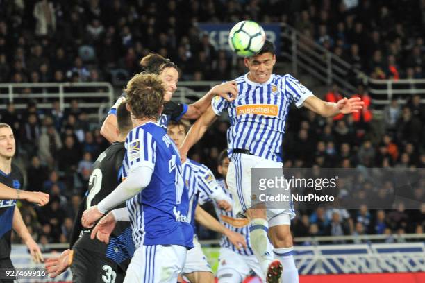 Hector Moreno of Real Sociedad during the Spanish league football match between Real Sociedad and Alaves at the Anoeta Stadium on 4 March 2018 in San...