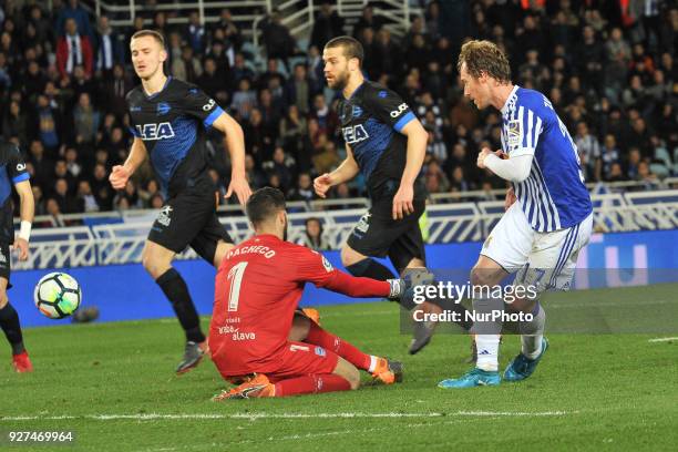 Zurutuza of Real Sociedad duels for the ball with Pacheco of Alaves during the Spanish league football match between Real Sociedad and Alaves at the...