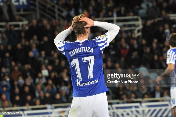 Zurutuza of Real Sociedad reacts during the Spanish league football match between Real Sociedad and Alaves at the Anoeta Stadium on 4 March 2018 in...