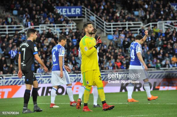 Goalkeeper Miguel Angel Moya of Real Sociedad reacts during the Spanish league football match between Real Sociedad and Alaves at the Anoeta Stadium...