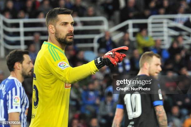 Goalkeeper Miguel Angel Moya of Real Sociedad reacts during the Spanish league football match between Real Sociedad and Alaves at the Anoeta Stadium...