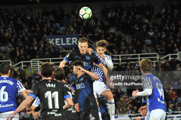 Diego Llorente of Real Sociedad during the Spanish league football match between Real Sociedad and Alaves at the Anoeta Stadium on 4 March 2018 in...