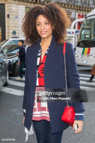 Actress Stefi Celma arrives to attend the Stella McCartney fashion show on March 5, 2018 in Paris, France.