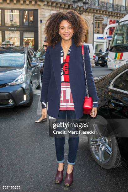 Actress Stefi Celma arrives to attend the Stella McCartney fashion show on March 5, 2018 in Paris, France.