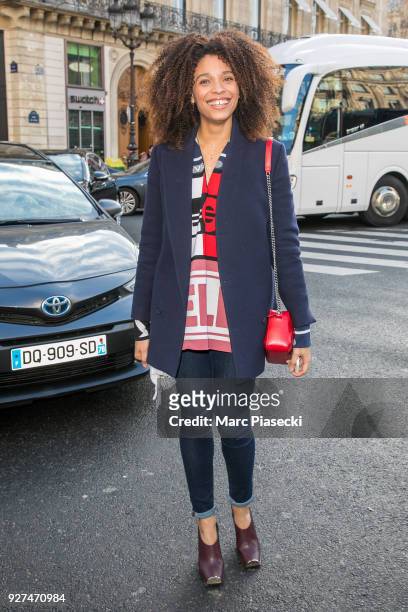 Actress Stefi Celma arrives to attend the Stella McCartney fashion show on March 5, 2018 in Paris, France.