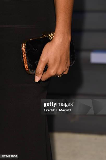 Jessica Williams, purse detail, attends the 2018 Vanity Fair Oscar Party hosted by Radhika Jones at the Wallis Annenberg Center for the Performing...