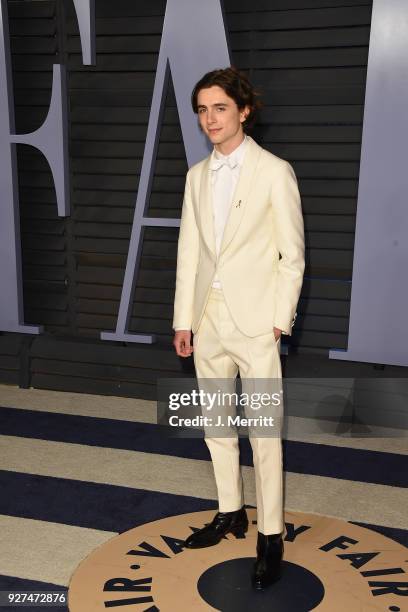 Timothee Chalamet attends the 2018 Vanity Fair Oscar Party hosted by Radhika Jones at the Wallis Annenberg Center for the Performing Arts on March 4,...