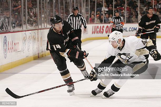 Martin Skoula of the Pittsburgh Penguins reaches across defending against Joffrey Lupul of the Anaheim Ducks during the game on November 3, 2009 at...