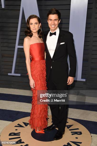 Allison Williams and Ricky Van Veen attend the 2018 Vanity Fair Oscar Party hosted by Radhika Jones at the Wallis Annenberg Center for the Performing...