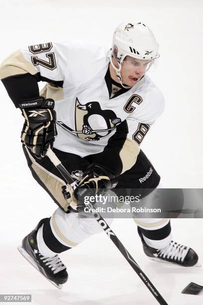 Sidney Crosby of the Pittsburgh Penguins skates on the ice against the Anaheim Ducks during the game on November 3, 2009 at Honda Center in Anaheim,...