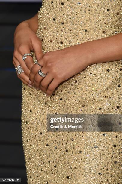 Zendaya, ring detail, attends the 2018 Vanity Fair Oscar Party hosted by Radhika Jones at the Wallis Annenberg Center for the Performing Arts on...