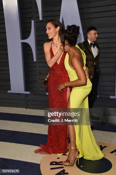 Gal Gadot and Tiffany Haddish attend the 2018 Vanity Fair Oscar Party hosted by Radhika Jones at the Wallis Annenberg Center for the Performing Arts...