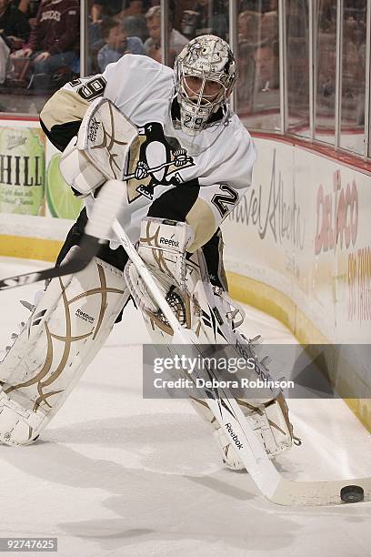 Eric Godard of the Pittsburgh Penguins moves the puck from behind the net against the Anaheim Ducks during the game on November 3, 2009 at Honda...