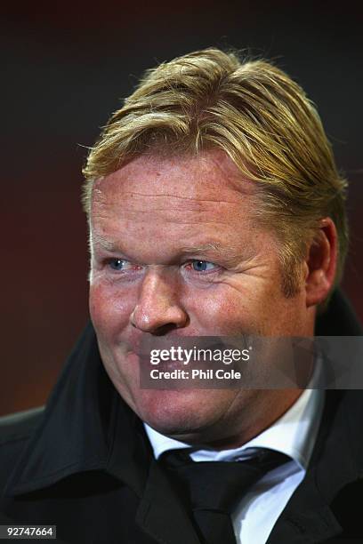 Manager of AZ Alkmaar Ronald Koeman looks on prior to the UEFA Champions League Group H match between Arsenal and AZ Alkmaar at the Emirates Stadium...